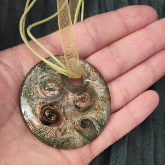 Unique Glass Pendant on String & Ribbon Necklace - Green, Copper Sparkle Swirl - Picture 3 of 6